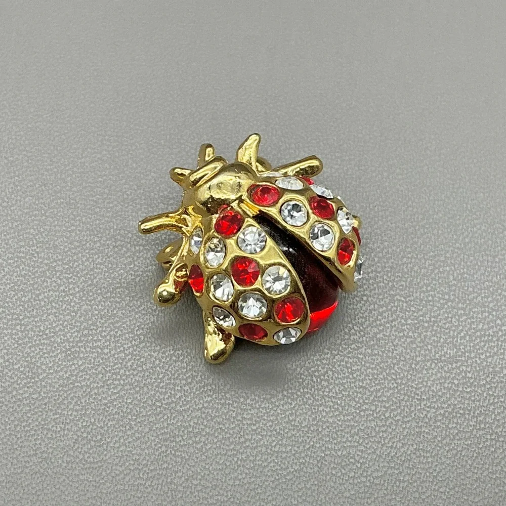 Ladybug Brooch Womens Gold Tone Red White Rhinestone Insect Animal Pin 0.75